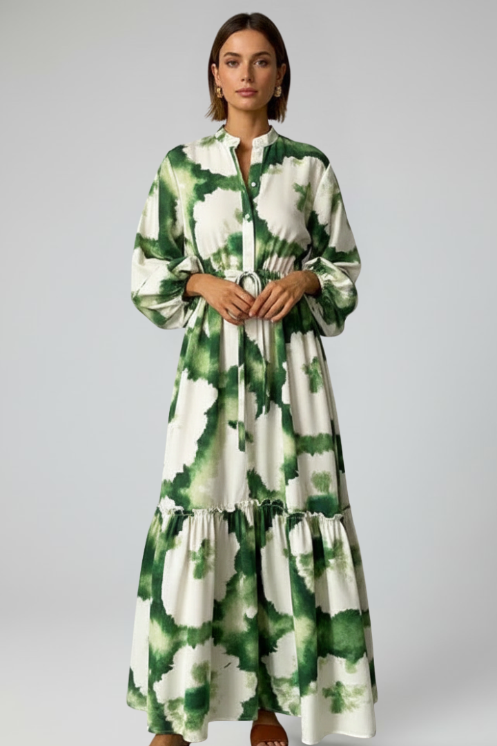 Maxi Dress with Long Sleeves, Print, and V-Neck for Women