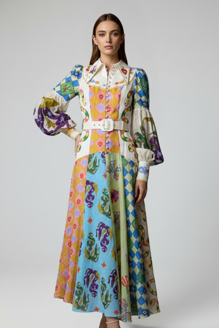 Maxi Dress with Long Sleeves, Print, and V-Neck for Women