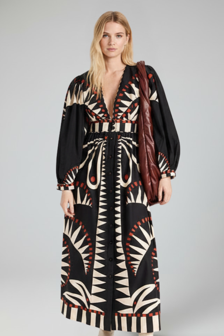 Maxi Dress with Long Sleeves, Print, and V-Neck for Women