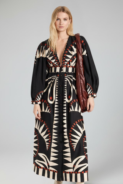 Maxi Dress with Long Sleeves, Print, and V-Neck for Women