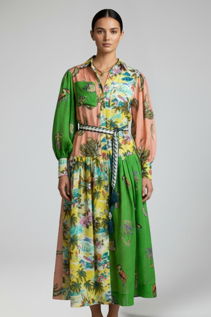 Maxi Dress with Long Sleeves, Print, and V-Neck for Women