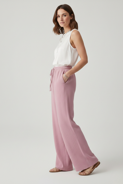Casual Palazzo Pants with Elastic Waistband and Side Pockets for Women
