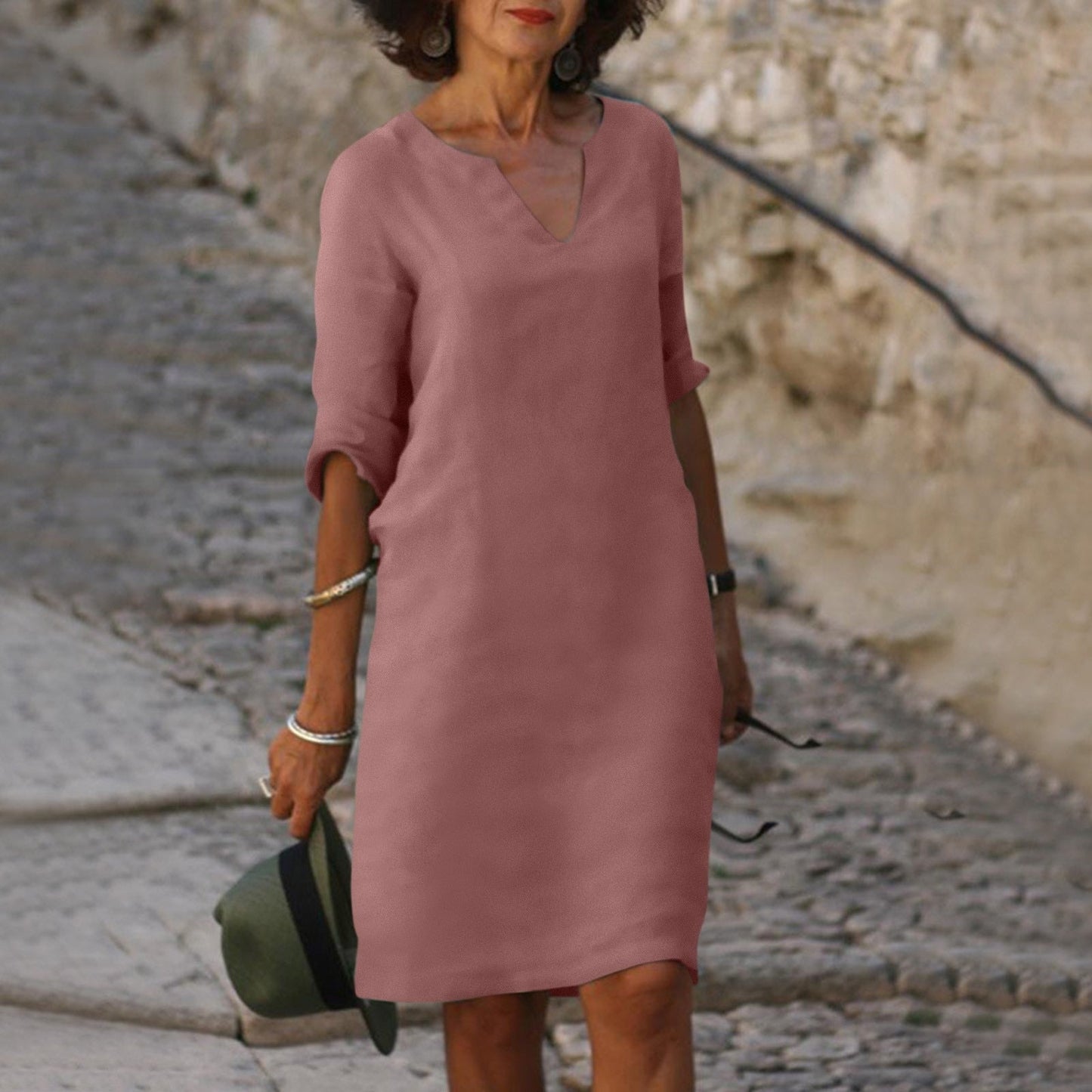 Solid V-Neck Knee-Length Dress for Women