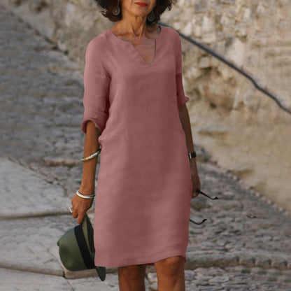 Solid V-Neck Knee-Length Dress for Women
