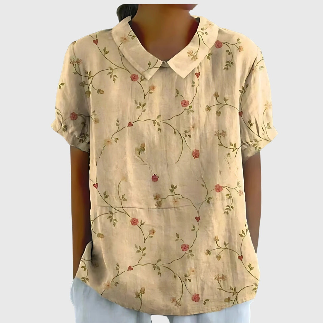 Blouse with Floral Collar and Short Sleeves for Women