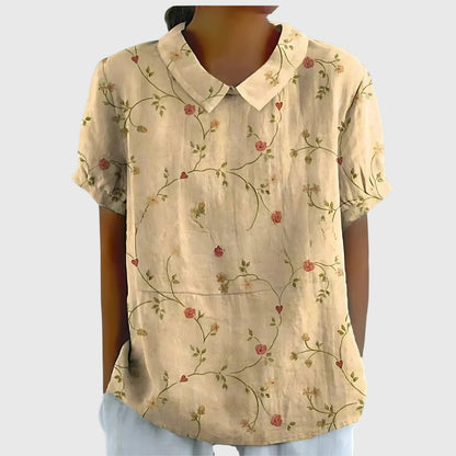 Blouse with Floral Collar and Short Sleeves for Women