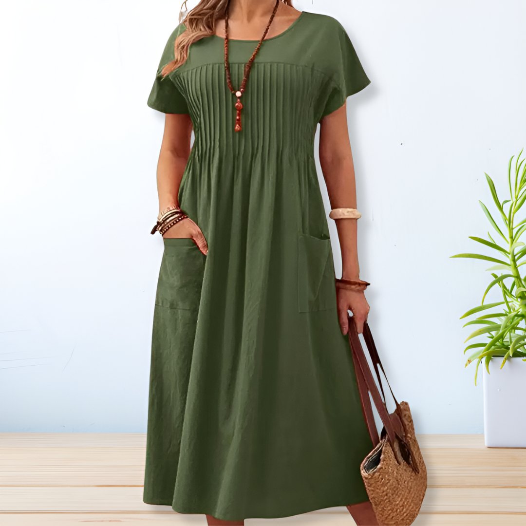 Pleated Midi Dress with Short Sleeves for Women