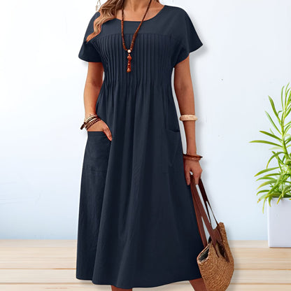 Pleated Midi Dress with Short Sleeves for Women