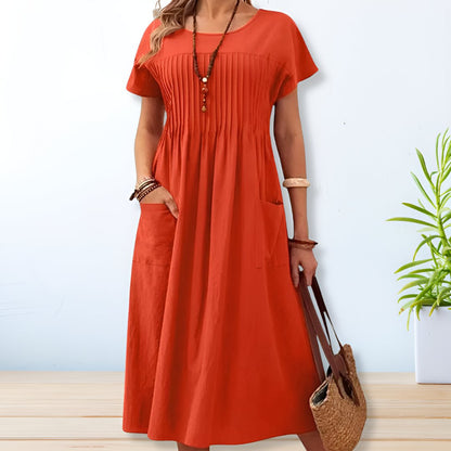 Pleated Midi Dress with Short Sleeves for Women