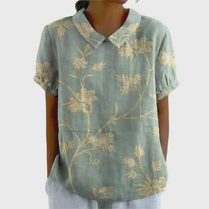 Blouse with Floral Collar and Short Sleeves for Women
