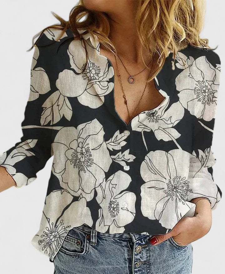 Linen Blouse with V-Neck and Button Closure for Women