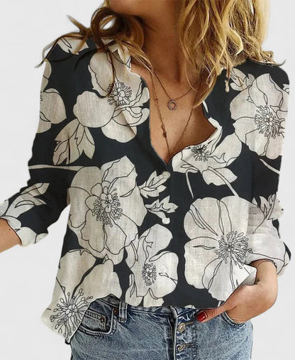 Linen Blouse with V-Neck and Button Closure for Women