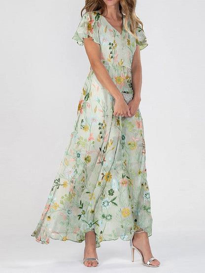 Summer Floral Maxi Dress with V Neck for Women