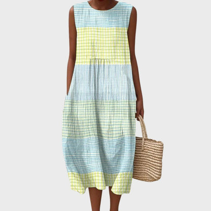 Linen Checked Sleeveless Midi Dress for Women