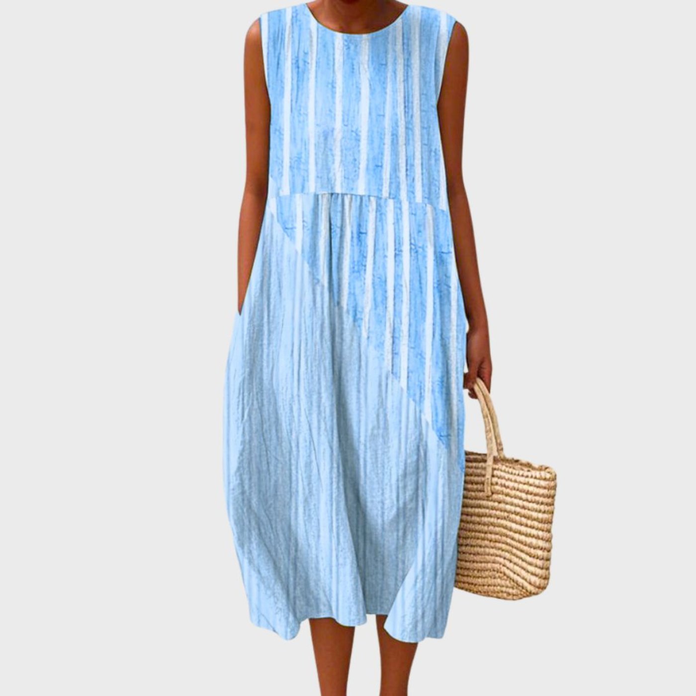 Linen Checked Sleeveless Midi Dress for Women