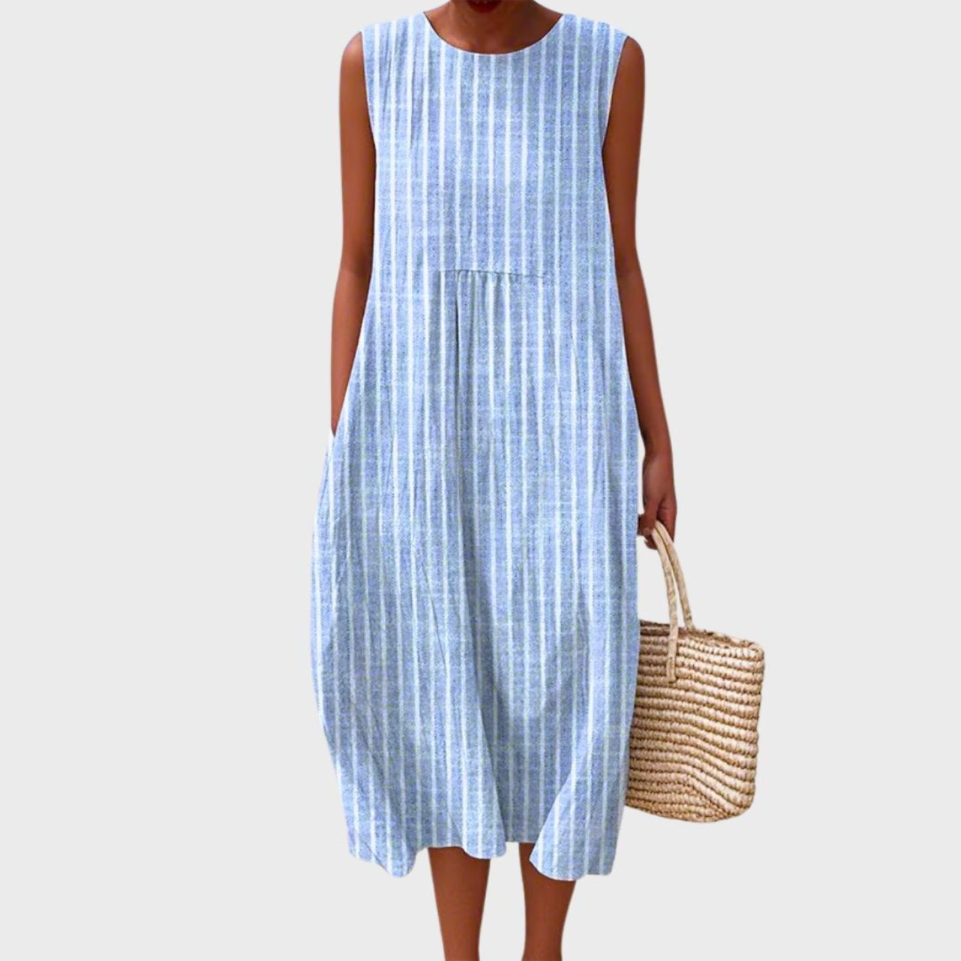 Linen Checked Sleeveless Midi Dress for Women