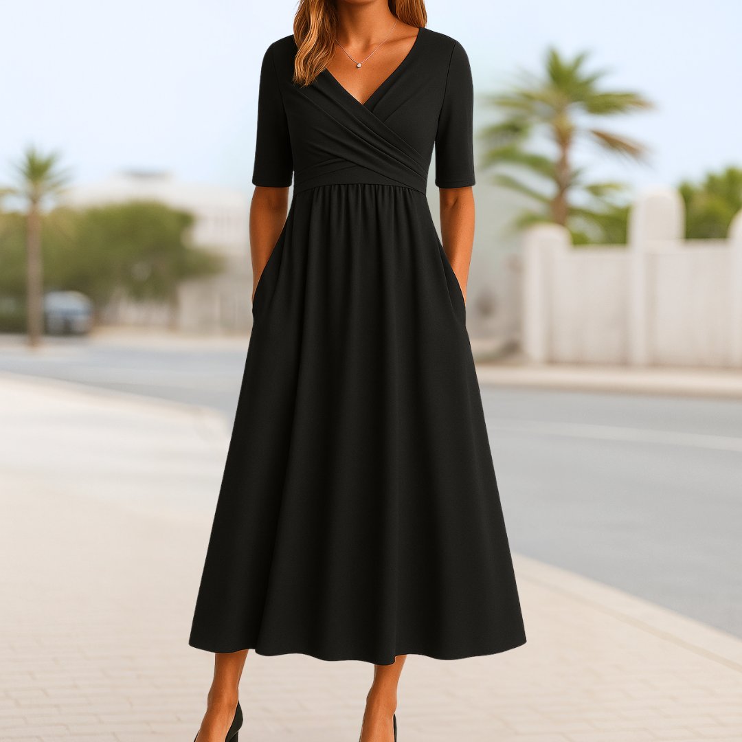 Wrap A-Line Midi Dress Short Sleeves for Women