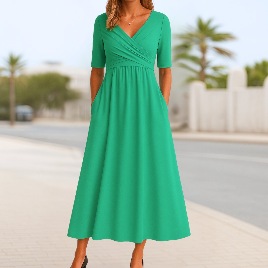 Wrap A-Line Midi Dress Short Sleeves for Women