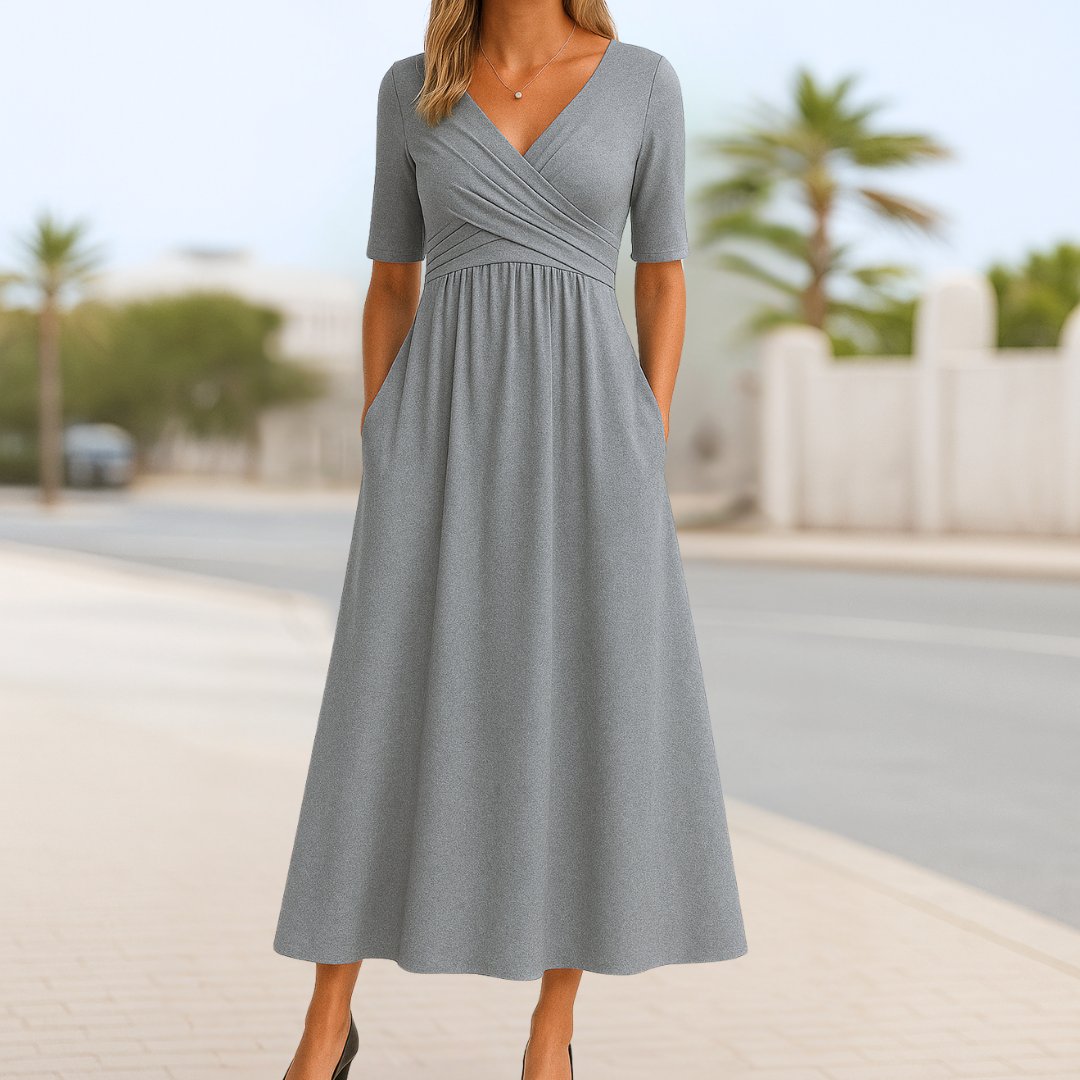 Wrap A-Line Midi Dress Short Sleeves for Women