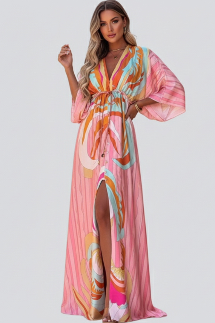 Maxi Dress with Print, V-Neck, and Belt for Women