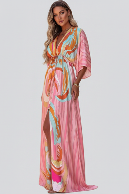 Maxi Dress with Print, V-Neck, and Belt for Women