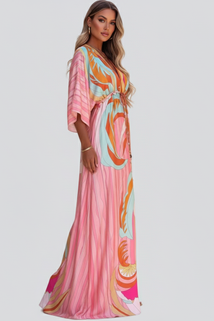 Maxi Dress with Print, V-Neck, and Belt for Women