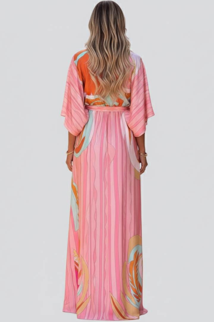 Maxi Dress with Print, V-Neck, and Belt for Women