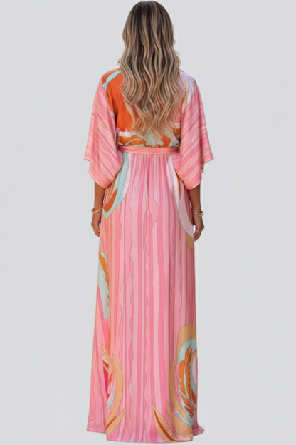 Maxi Dress with Print, V-Neck, and Belt for Women