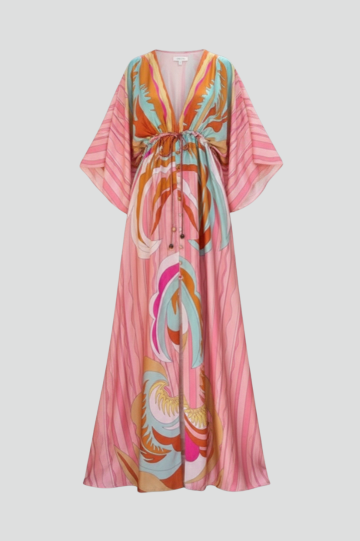 Maxi Dress with Print, V-Neck, and Belt for Women