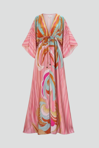 Maxi Dress with Print, V-Neck, and Belt for Women