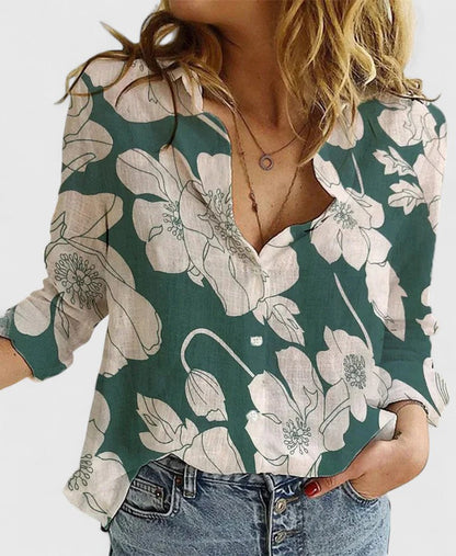 Linen Blouse with V-Neck and Button Closure for Women