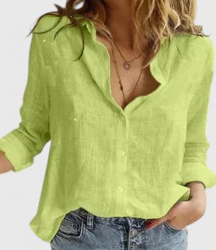 Linen Blouse with V-Neck and Button Closure for Women