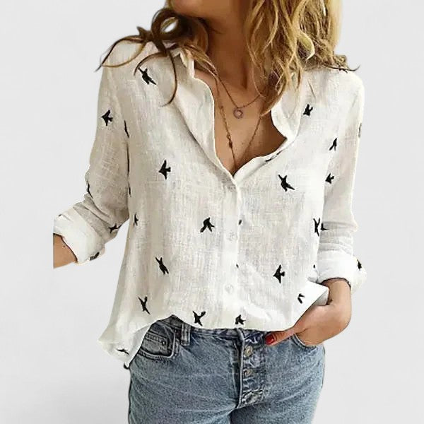 Linen Blouse with V-Neck and Button Closure for Women