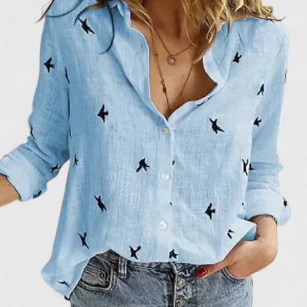 Linen Blouse with V-Neck and Button Closure for Women