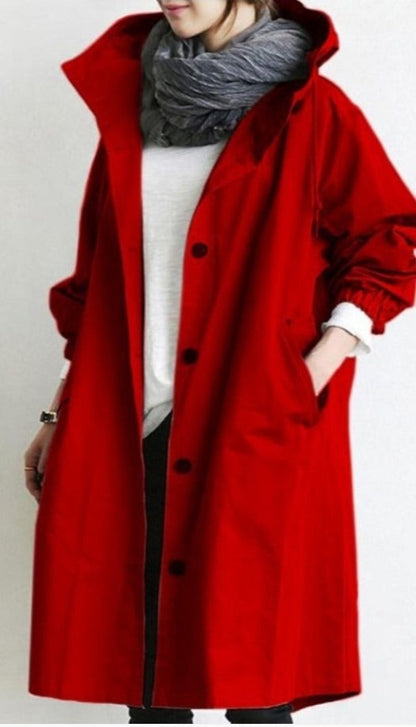 Casual Long Coat with Hood and Buttons for Women