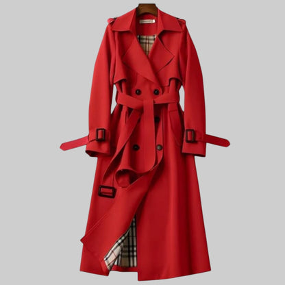 Long Trench Coat with Belt and Double Button Closure for Women