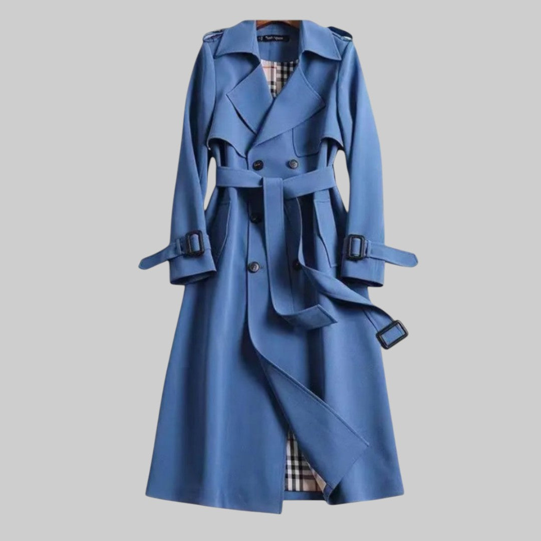 Long Trench Coat with Belt and Double Button Closure for Women