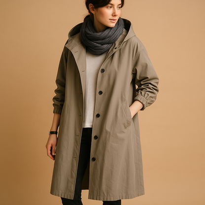 Long Casual Coat with Buttons and Hood for Women
