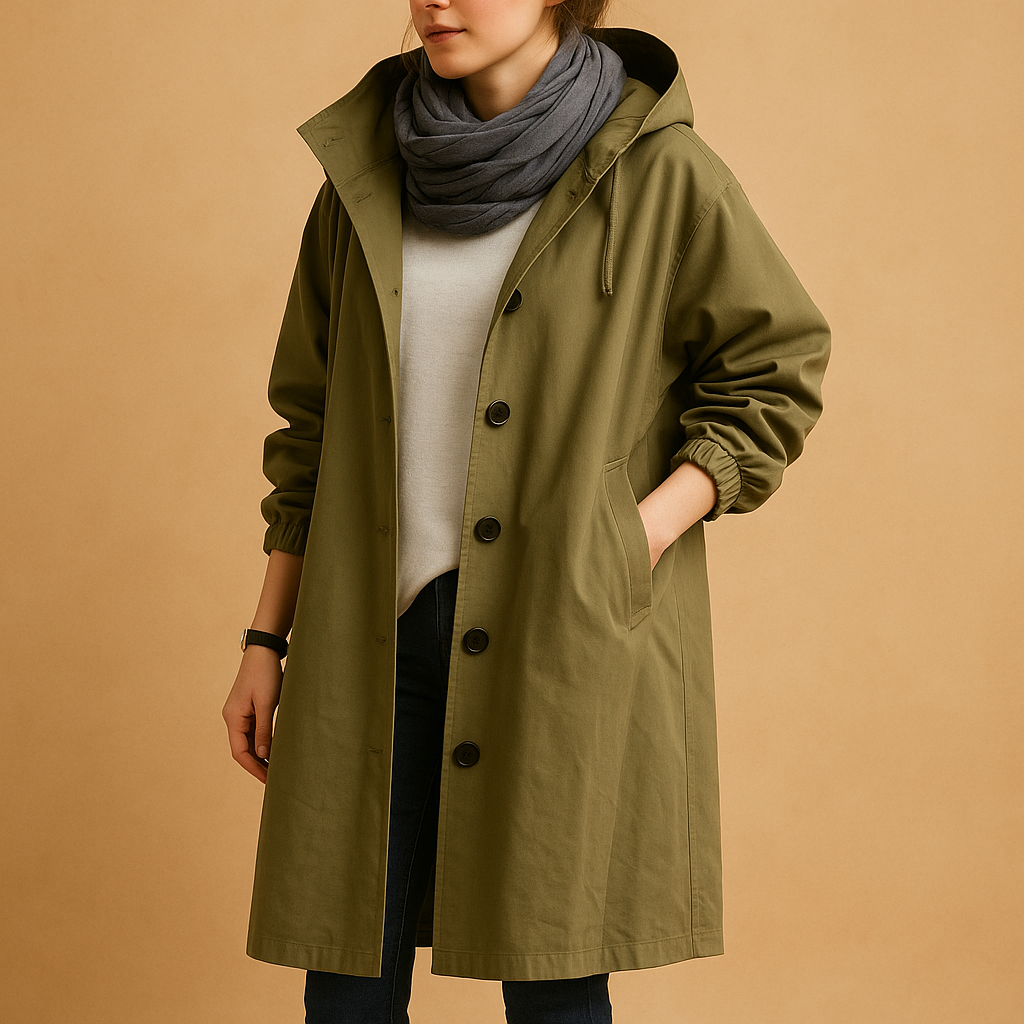 Long Casual Coat with Buttons and Hood for Women