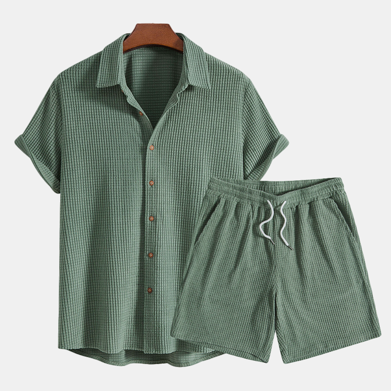 Two-Piece Casual Set with Shirt and Shorts for Men