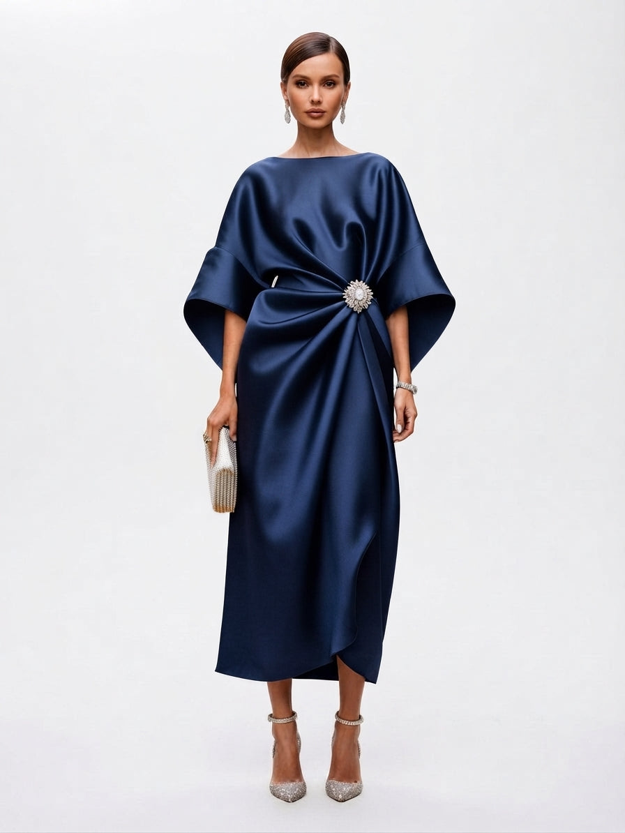 Elegant Maxi Dress with Draped Brooch for Women