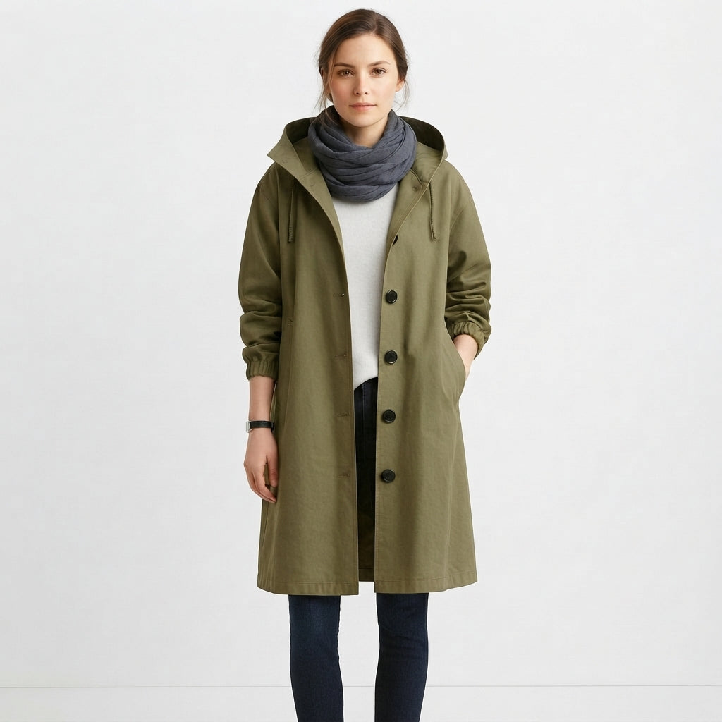 Long Casual Coat with Buttons and Hood for Women