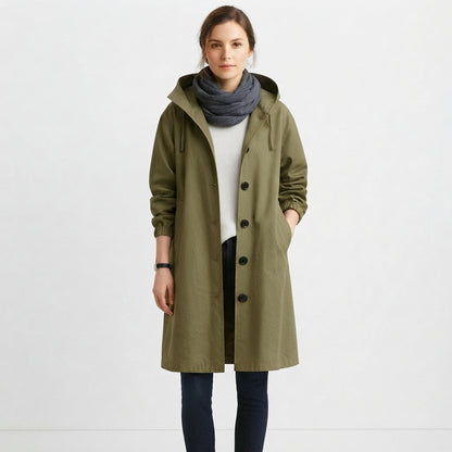 Long Casual Coat with Buttons and Hood for Women