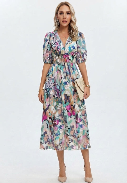Floral V-Neck Midi Dress for Wedding Guests for Women