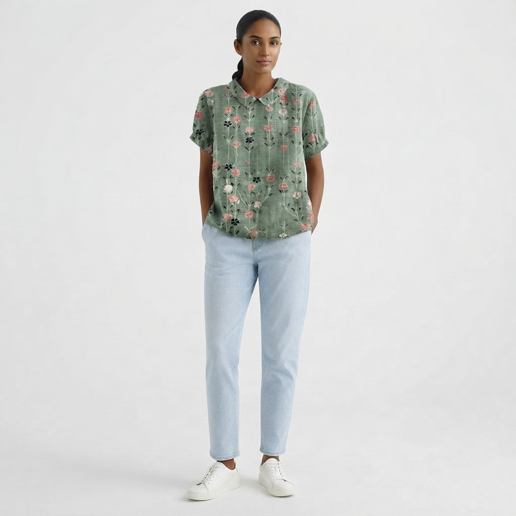 Blouse with Floral Collar and Short Sleeves for Women