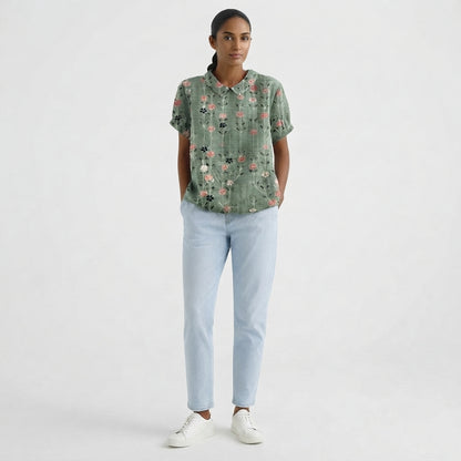 Blouse with Floral Collar and Short Sleeves for Women