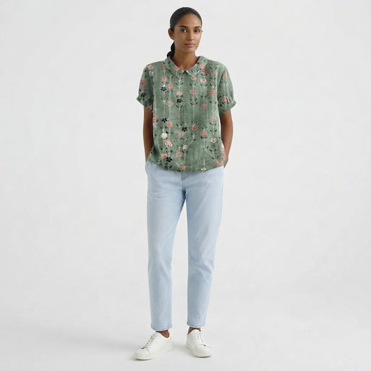 Blouse with Floral Collar and Short Sleeves for Women