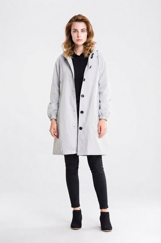 Casual Long Coat with Hood and Buttons for Women