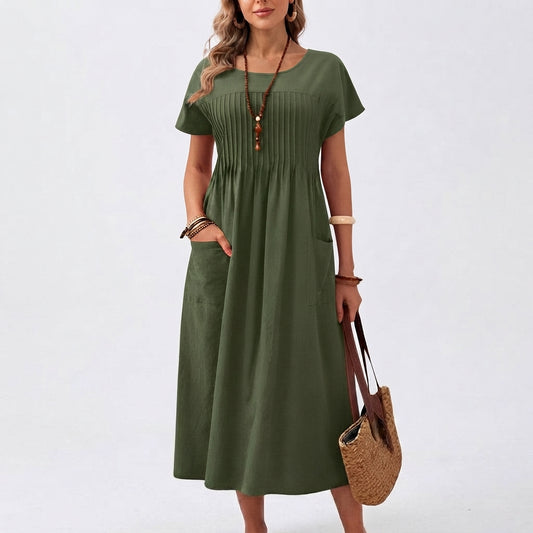 Pleated Midi Dress with Short Sleeves for Women