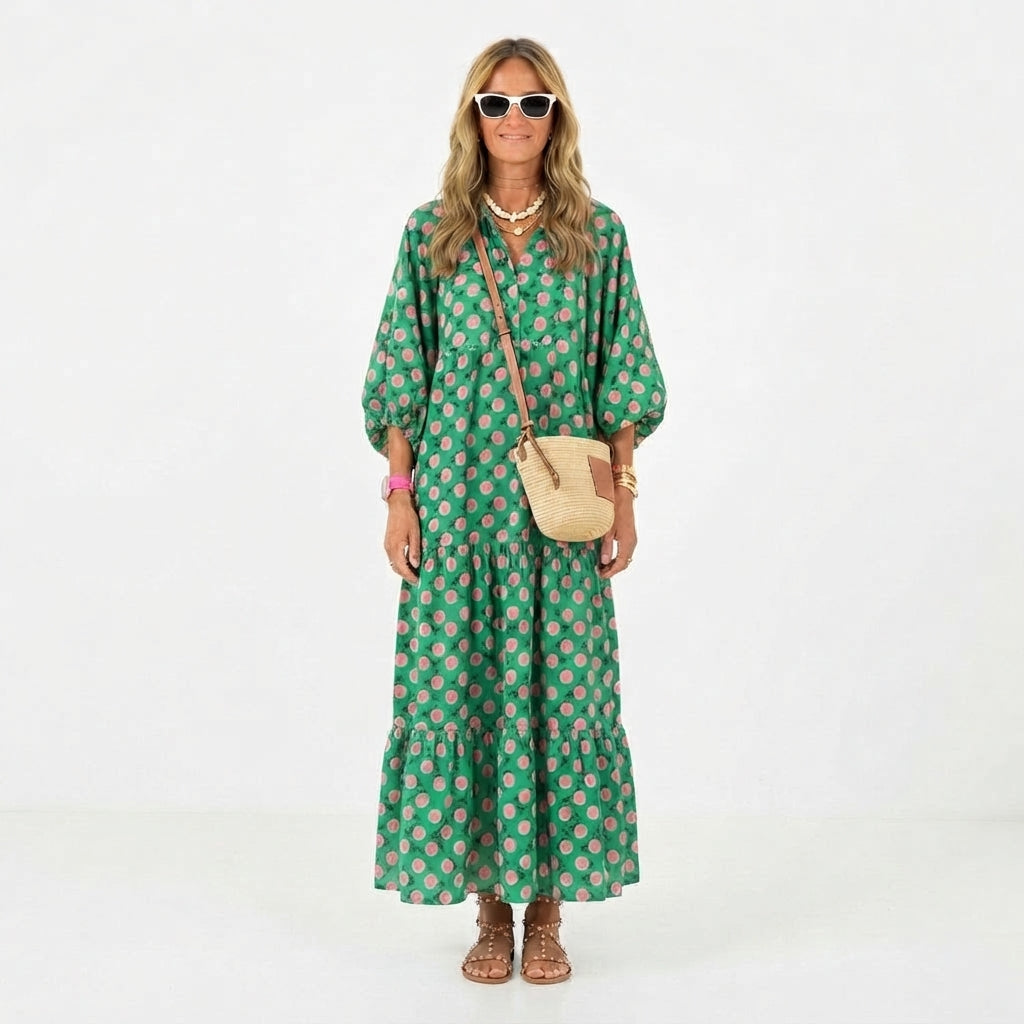 Printed Maxi Dress with V-Neck and Flowy Fit for Women